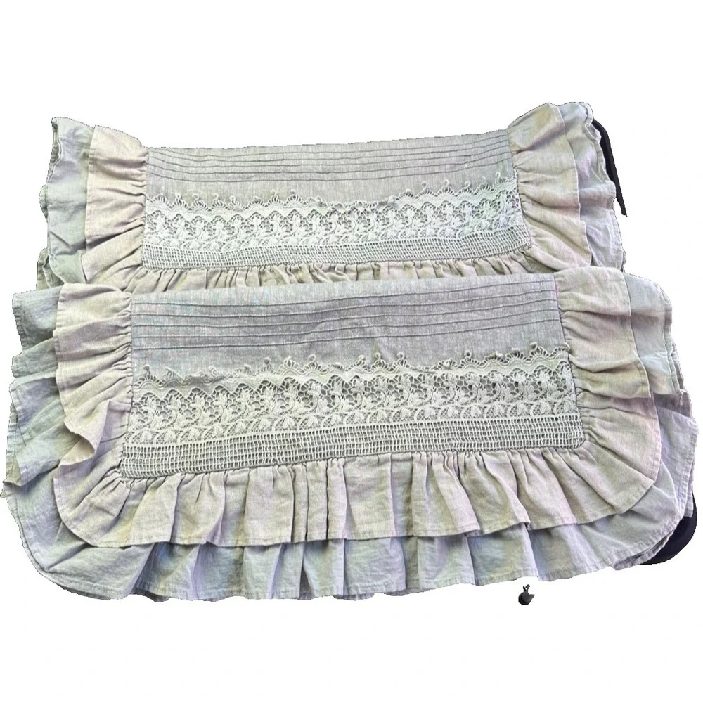 Linen Ruffle Crochet Pillow Shams King Set of‎ 2 Belgium Dove Gray Tie Back Lace